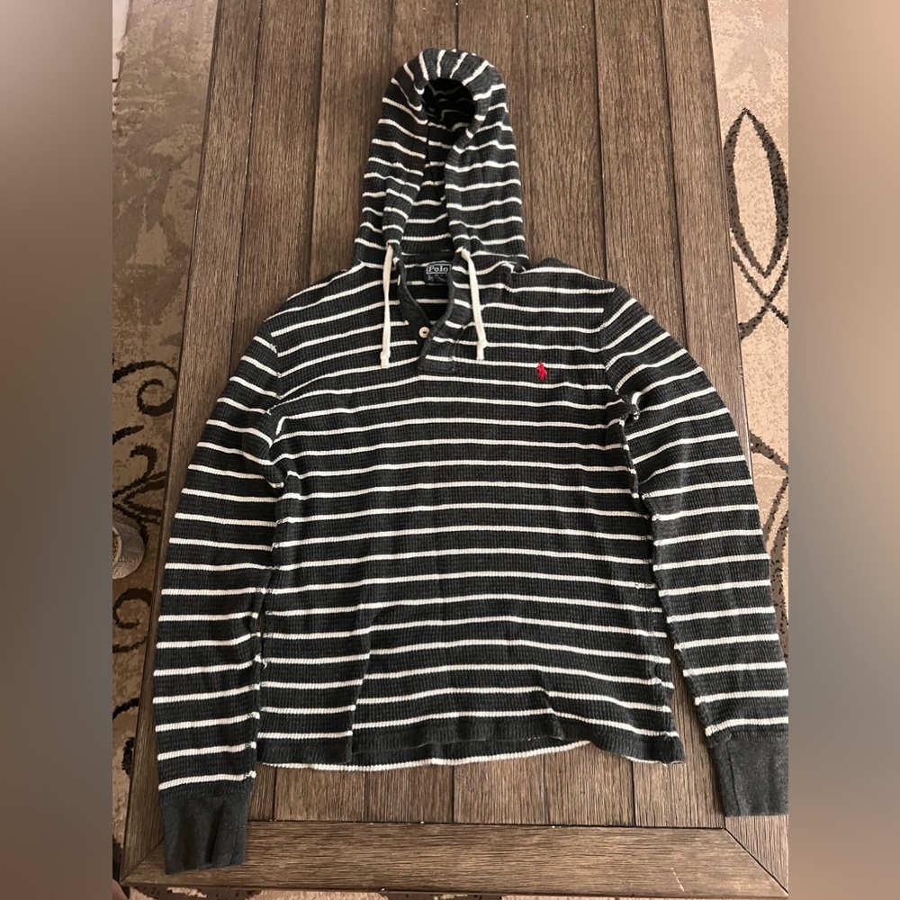 Polo Waffle Knit Long Sleeve Hoodie Size Medium